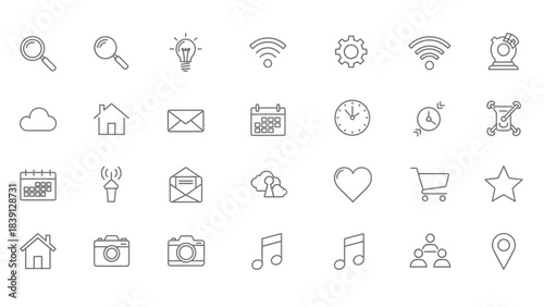 Digital Icon: A collection of various digital icons, representing essential features in digital world. Including various symbol such as internet, settings, music note, location.
