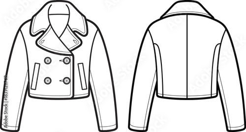 Cropped double-breasted jacket technical flat vector illustration, showcasing detailed front and back views with wide collar, buttons, seams, and structured design