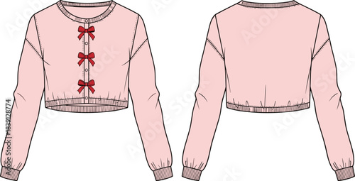 Cute cropped cardigan design with bows, pastel pink fashion illustration, long sleeve garment template, feminine stylish apparel vector drawing layout
