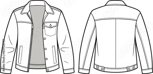 Detailed apparel jacket technical flat sketch vector illustration, showcasing front and back views for fashion design and garment manufacturing purposes