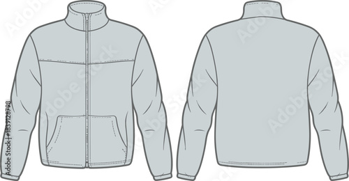 Detailed winter jacket front and back technical illustration, stylish outerwear fashion design template, warm zip-up coat apparel vector artwork, cad drawing flat vector illustration