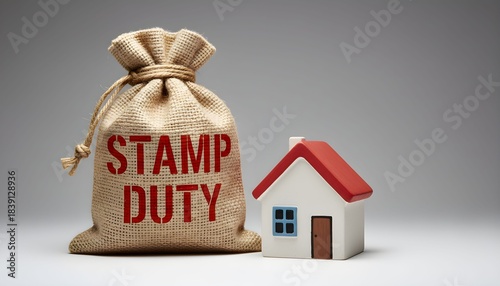 red house miniature,miniature house,3d rendered money bag,stamp duty text on money bag,studio shot,white background
