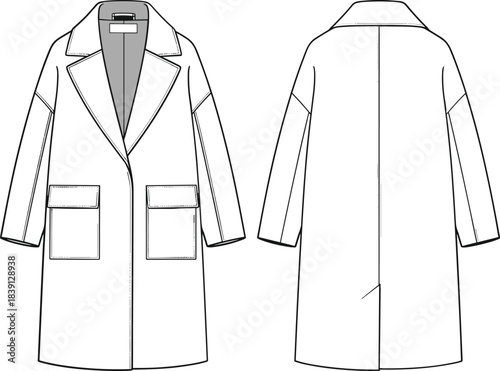 Long tailored women’s overcoat technical cad drawing, flat vector illustration with front and back view, fashion design template for garment production