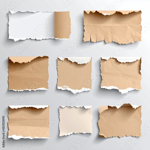 Collection of various torn paper pieces, including white and brown cardboard, with rough edges and curled corners, set against a light background.
