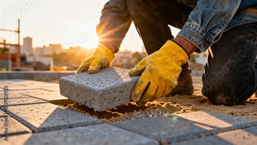 Construction laborer carefully positioning concrete block under golden sunlight with detailed sand and glove textures in focus