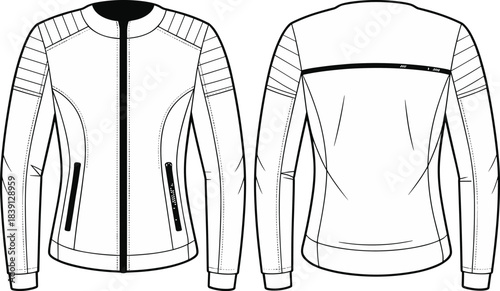 Men’s technical zip-up jacket flat sketch, sporty outerwear design template, detailed CAD vector illustration with panel lines and zipper pockets