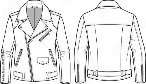 Mens biker leather jacket technical flat sketch with asymmetric zipper, snap collar, belt straps, multiple pockets and detailed fashion vector illustration