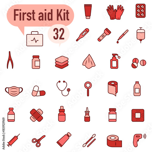 A set of minimalist icons in shades of red with outlines, dedicated to the theme of medicine and first aid.