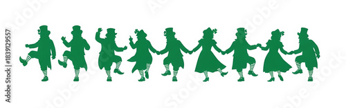 Silhouette of male and female figures in traditional leprechaun-style attire dancing in a line, holding hands for an Irish jig or reel.