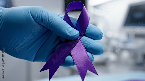 Medical professional holds purple ribbon symbolizing awareness and support for various causes.