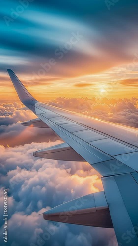 Incredible sunset view from an airplane above the clouds at high altitude