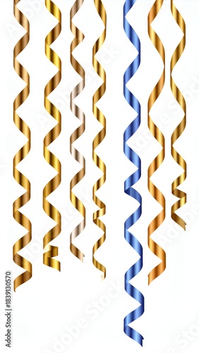 Golden and blue curly ribbons for festive decoration.