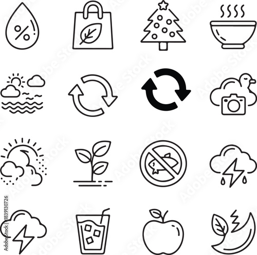 A comprehensive collection of outline vector icons depicting various concepts including nature environment food weather and digital media isolated on transparent background