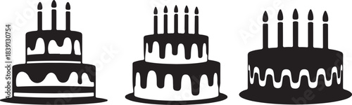 A delightful collection of black and white silhouette birthday cake icons featuring multiple tiers and glowing candles with melting frosting drips