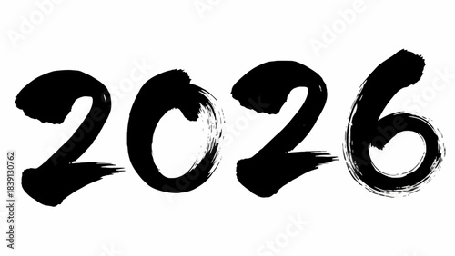 2026 Brush Typography Text Black Ink Hand Painted Numbers on White Background