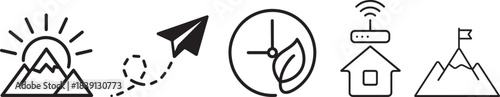 A diverse collection of modern line icons featuring travel nature technology and success concepts for web design