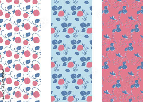 レトロ風のシンプルでポップなイチゴのパターン3種