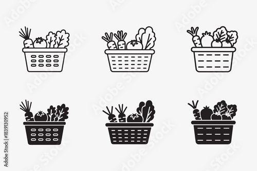 Collection of fresh organic vegetables in a rustic basket icon set showcasing healthy food concepts