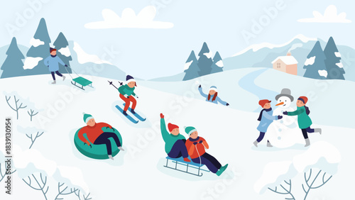Winter Fun, Children Playing, Snowy Hills, Illustration, Outdoor, Aerial View, Joyful Activities