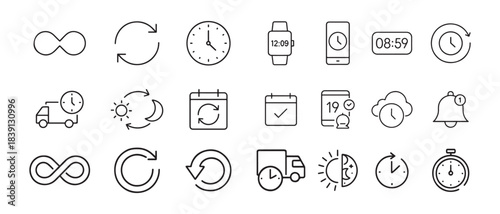 Comprehensive set of time delivery and calendar line icons representing scheduling concepts