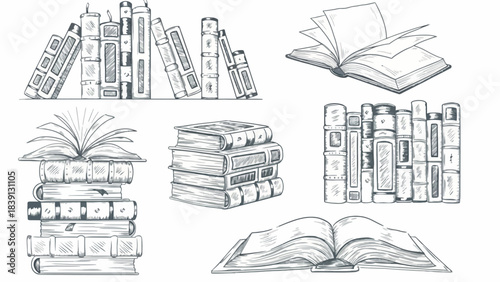 Books Collection, Knowledge, Library, Illustrations, Sketches, Artistic View, Conceptual Exploration