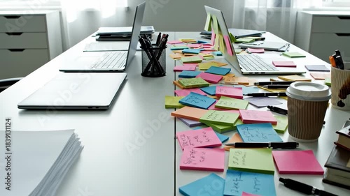 Modern office interior showing a comparison between a clean and organized desk and a chaotic workspace overwhelmed with sticky notes, representing stress, multitasking, and approaching deadlines
