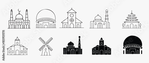 Diverse collection of religious building and architectural outline silhouette icons for global culture travel and design projects