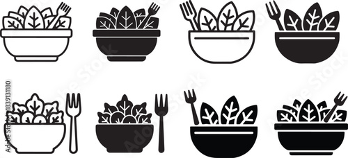 A comprehensive set of minimalist salad bowl and fork icons representing healthy and fresh vegetarian meals