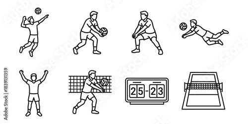 Volleyball sport game and active player action line icons set