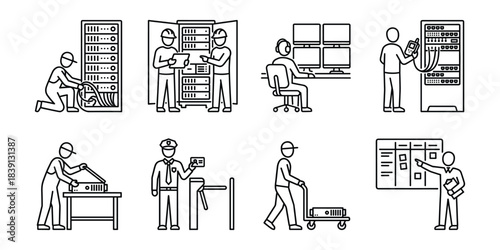 Data center administration and server room hardware maintenance line icons set
