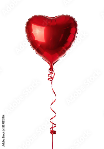 a vibrant crimson red reflective metallic heart-shaped foil balloon with an elegant curly satin ribbon, isolated against a bright white studio background. minimalist celebration atmosphere