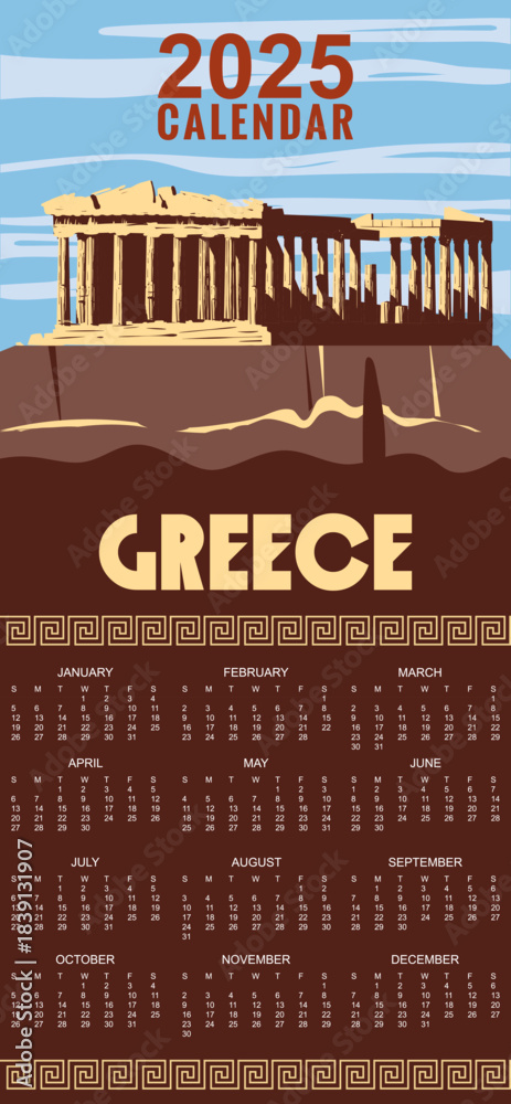 Naklejka premium Calendar Monthly 2025 Greece Athens Poster Travel, columns ruins temple antique, old Mediterranean European culture and architecture