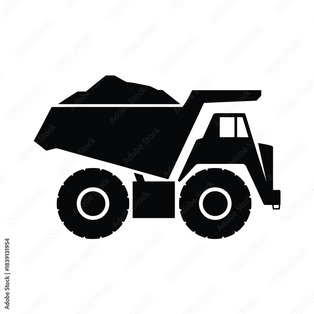 Naklejka premium Black silhouette of a dump truck loaded with dirt