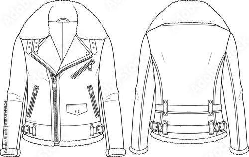 Shearling collar biker jacket technical flat sketch showing detailed front and back views, vector fashion illustration for apparel designers and garment development
