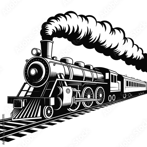 Vintage steam locomotive train emitting smoke on tracks