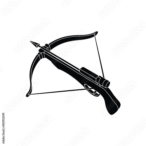 Black and white illustration of a classic crossbow on a white background