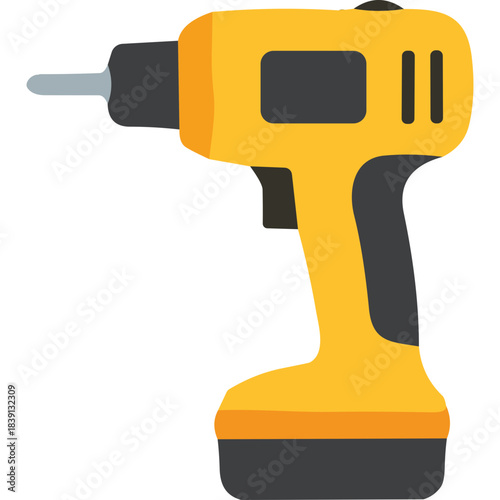 Yellow and Black Cordless Power Drill with Metal Bit and Black Handle on a White Background, Tool for Construction and DIY Projects
