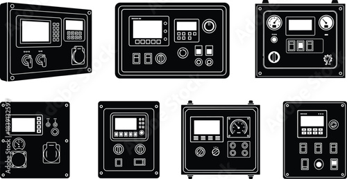 Industrial control panel silhouettes, monitoring interfaces, electrical system layouts, machinery management units, switchboard designs, flat vector