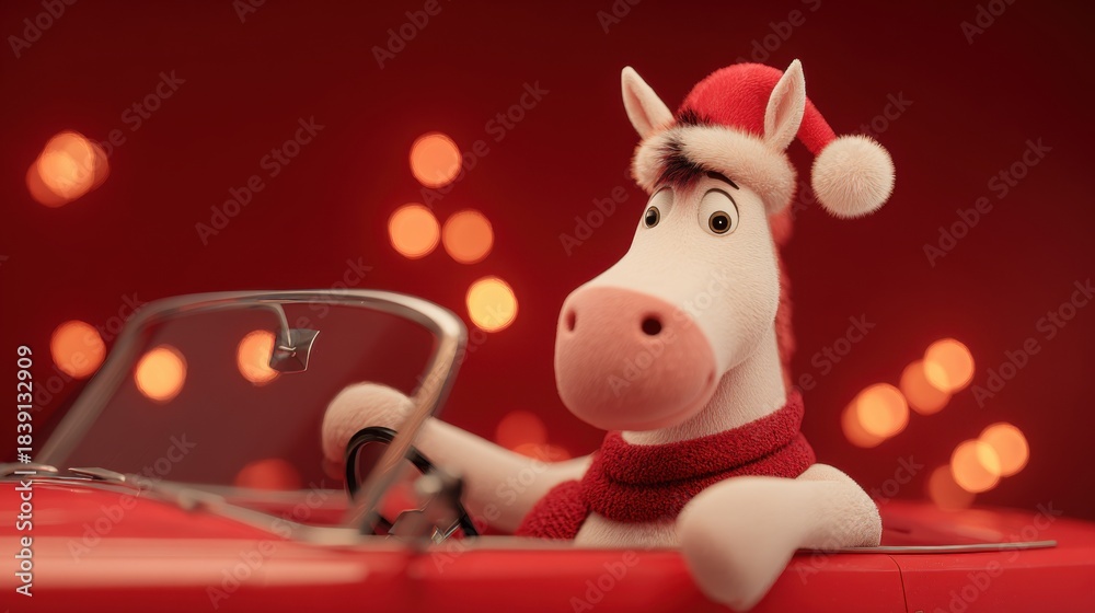 Naklejka premium A white horse driving a car, a symbol of the new year 2026, on a red background with highlights