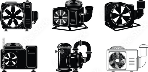 Industrial HVAC ventilation units, rooftop air systems, commercial duct fans, cooling equipment design set, flat vector
