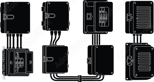 Electrical junction box silhouettes, circuit breaker panels, cable conduits, vented covers, wiring layouts, enclosures, flat vector