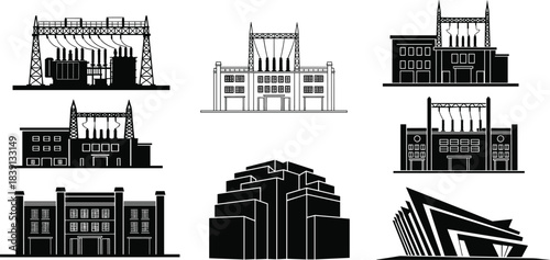 Power station silhouettes, industrial energy buildings, substations, transformers, chimneys, transmission lines, infrastructure forms, flat vector
