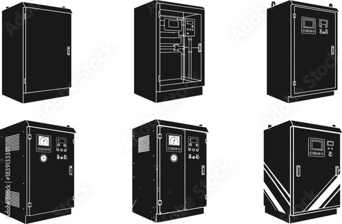 Industrial control panel silhouettes, electrical enclosures, gauges, switches, vents, instrumentation layouts, utility cabinets, flat vector