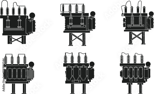 Electrical power transformer silhouettes, cooling fins, bushings, structural supports, voltage regulation units, grid components, flat vector