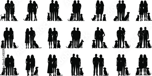 Silhouettes of diverse couples and families standing together with their loyal dogs, symbolizing love, companionship, commitment, loyalty, and human-animal bond in various outdoor settings.