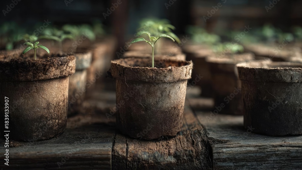 Fototapeta premium Young seedlings in brown pots sit on a weathered wooden bench, tiny green leaves peeking from the soil. Concept Seedlings in brown pots, Weathered wooden bench, Tiny green leaves, Small indoor garden