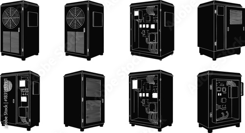 Industrial electrical cabinet silhouettes, control panel enclosures, HVAC units, cooling fans, wiring systems, flat vector