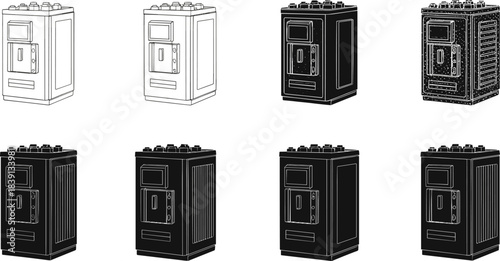 Industrial furnace illustrations, control panel, door interface, schematic and silhouette styles, technical rendering grid layout, flat vector