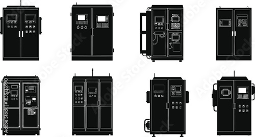 Industrial control panel silhouettes, electrical enclosures, button and gauge layouts, automation system interfaces, schematic grid, flat vector