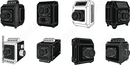 Motor starter silhouette set, industrial contactors, electrical control units, automation components, engineering tools, flat vector